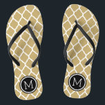 Gold and Black Moroccan Quatrefoil Monogram Jandals<br><div class="desc">Custom printed flip flop sandals with a stylish Moroccan quatrefoil pattern and your custom monogram or other text in a circle frame. Click Customise It to change text fonts and colours or add your own images to create a unique one of a kind design!</div>