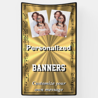 Gold and black music notes surround photo template banner