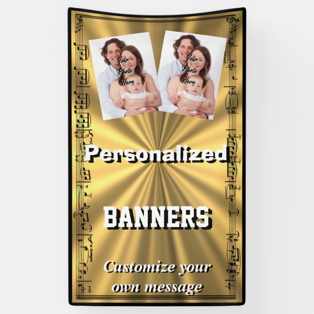 Gold and black music notes surround photo template banner (Vertical)
