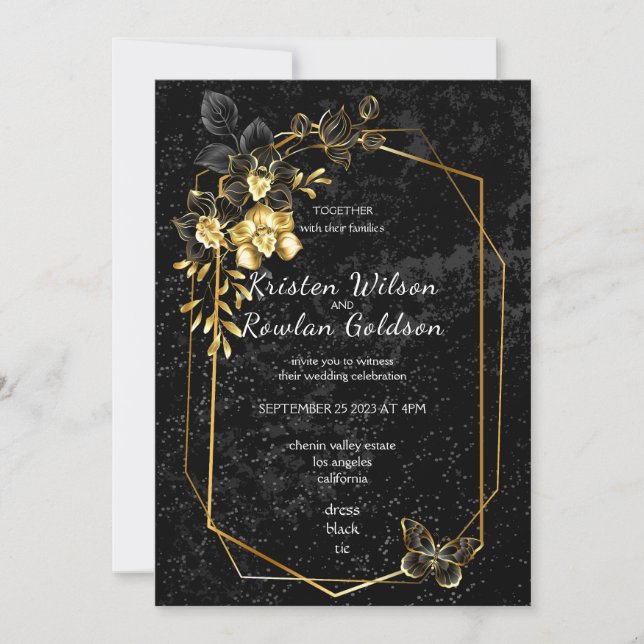 Gold and Black Orchids Flowers on Black Invitation (Front)