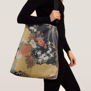 Gold and Black Oriental Japanese Kimono Floral  Crossbody Bag