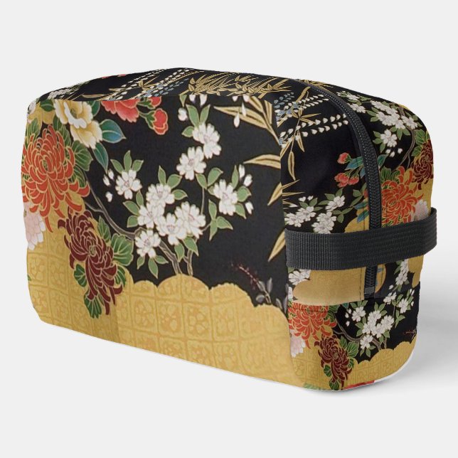 Gold and Black Oriental Japanese Kimono Floral  Dopp Kit (Left Corner)