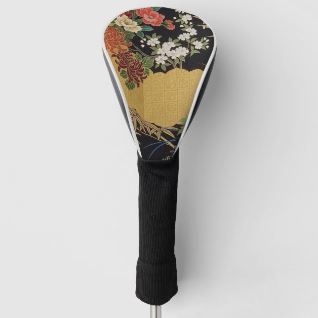 Gold and Black Oriental Japanese Kimono Floral  Golf Head Cover (Front)
