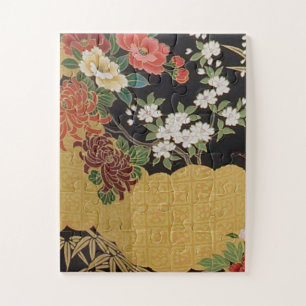 Gold and Black Oriental Japanese Kimono Floral Jigsaw Puzzle
