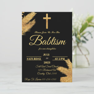 Gold And Black Pampas Grass Baptism Invitation