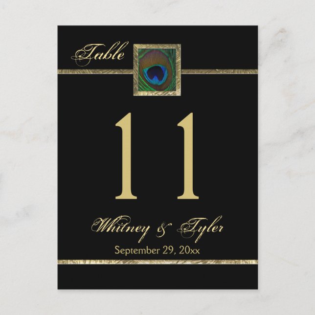 Gold and Black Peacock Feather Table Number Postcard (Front)
