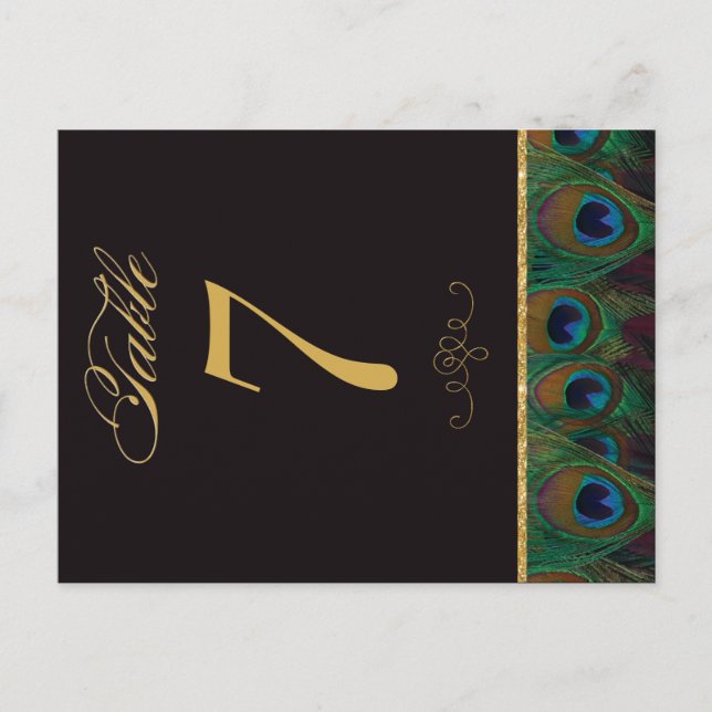 Gold and Black Peacock Feather Table Number Postcard (Front)