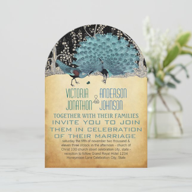 Gold and Black Peacocks in the Forest Invitation (Standing Front)