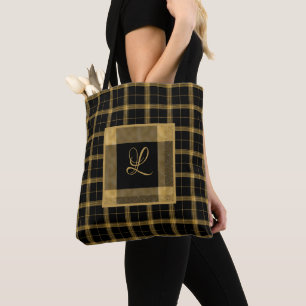 Gold and Black Plaid Elegant Personalised Tote Bag