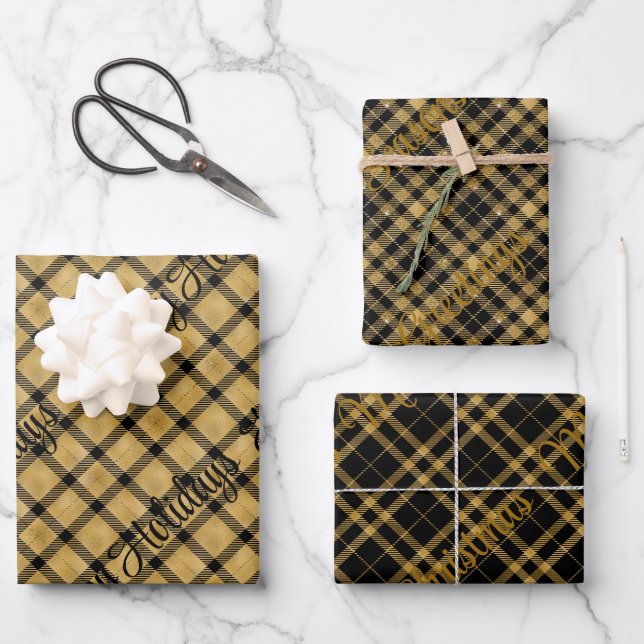 Gold and Black Plaid With Christmas Text Wrapping Paper Sheet (Front)