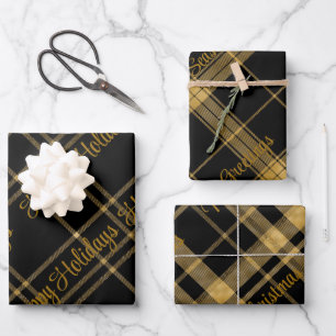 Gold and Black Plaid With Christmas Text Wrapping  Paper Sheet
