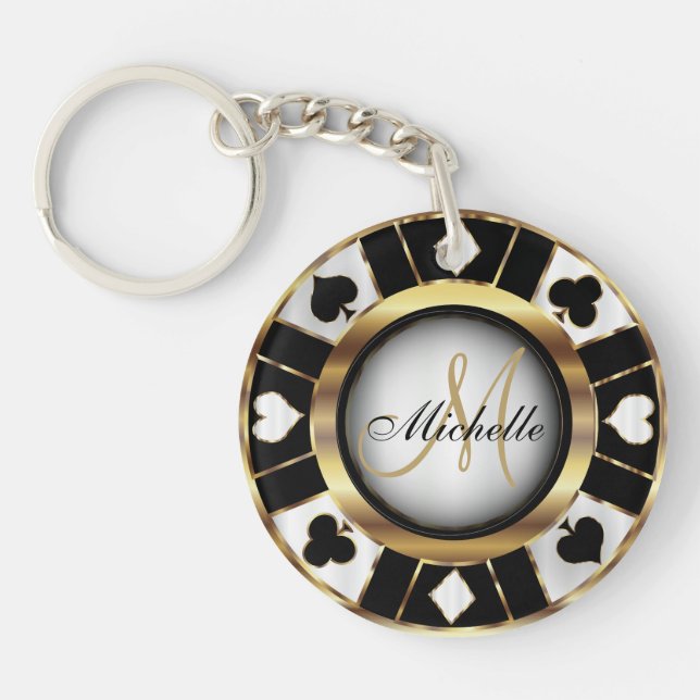 Gold and Black Poker Chip Design - Monogram Key Ring (Front)