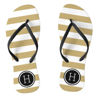Gold and Black Preppy Stripes Monogram Jandals