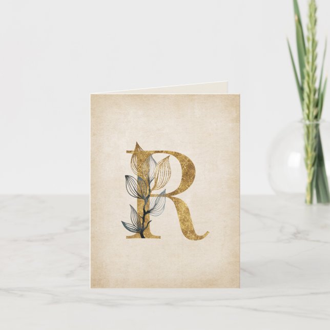 Gold and Black R Monogram With Leaves Note Card (Front)