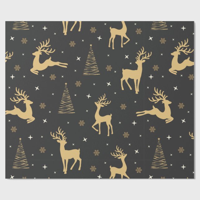 Gold And Black Reindeer Christmas Pattern  Wrapping Paper (Flat)
