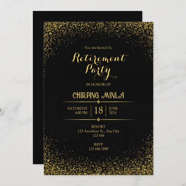 Gold and Black Retirement Party Invitational Card (Front/Back)