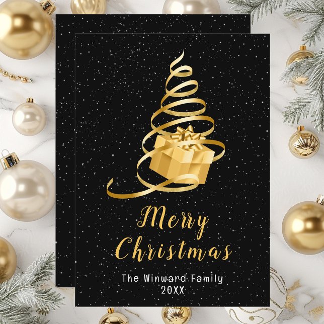 Gold and Black Ribbon Gift Merry Christmas Holiday Card (Creator Uploaded)