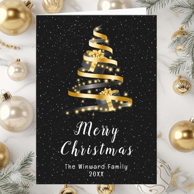 Gold and Black Ribbon Gift Merry Christmas Holiday Card (Creator Uploaded)