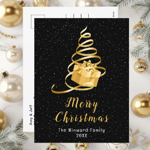 Gold and Black Ribbon Gift Merry Christmas Holiday Postcard