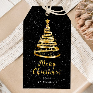 Gold and Black Ribbon Tree Merry Christmas Gift Tags