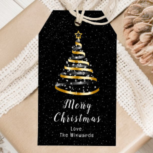 Gold and Black Ribbon Tree Merry Christmas Gift Tags