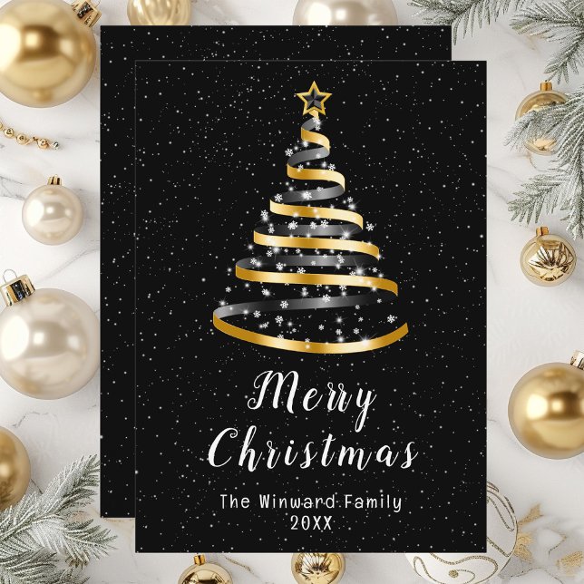 Gold and Black Ribbon Tree Merry Christmas Holiday Card (Creator Uploaded)
