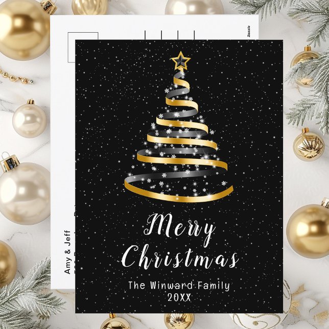 Gold and Black Ribbon Tree Merry Christmas Holiday Postcard (Creator Uploaded)
