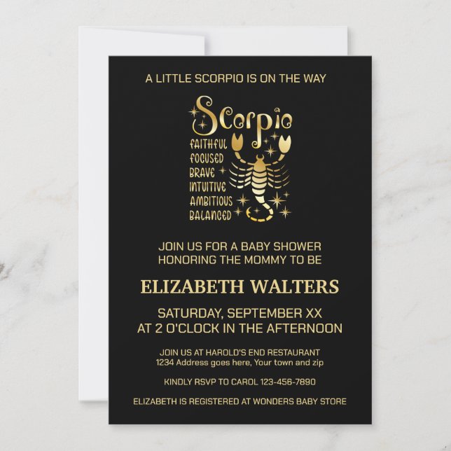 Gold and Black Scorpio Zodiac Baby Shower Invitation (Front)