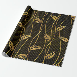 Gold and black seamless texture with leaves relief wrapping paper