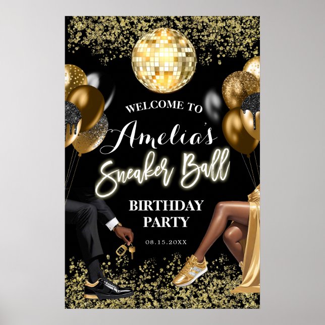 Gold and Black Sneaker Ball Party Welcome Sign (Front)