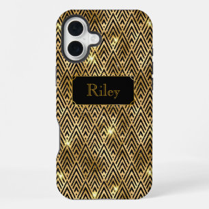Gold and black sparkle glamourous art deco iPhone 16 plus case