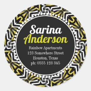 Gold and Black Sparkle Patter Return Address Round Classic Round Sticker