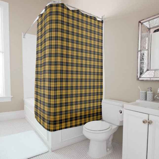 Gold and Black Sporty Plaid Pattern Shower Curtain (In Situ)