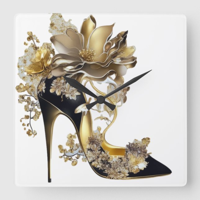 GOLD AND BLACK STILETTO HEELS WITH FLOWERS SQUARE WALL CLOCK (Front)