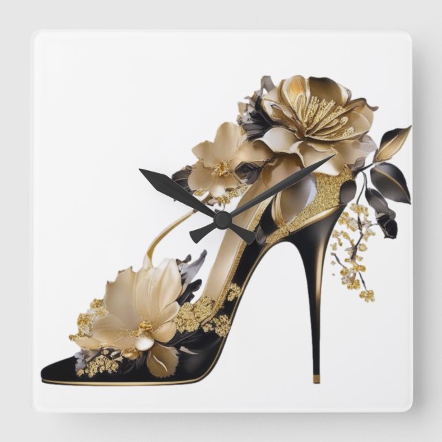 GOLD AND BLACK STILETTO HEELS WITH FLOWERS SQUARE WALL CLOCK (Front)