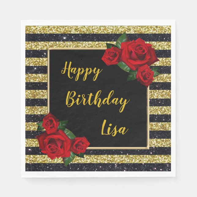 Gold And Black Stripes Glitter Red Roses Birthday Napkin (Front)