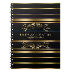 Gold And Black Stripes With Gold Floral Lace Notebook