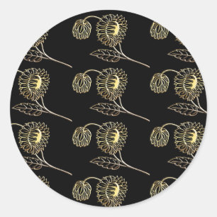gold and black sunflowers nature art Pattern  Classic Round Sticker