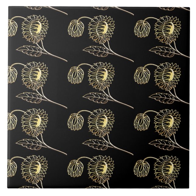 gold and black sunflowers nature art Pattern  Tile (Front)