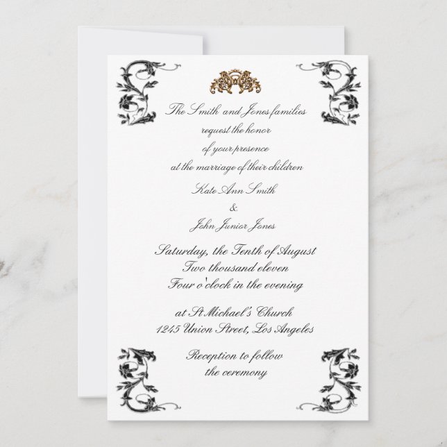 Gold and Black swirl monogram Wedding invitation (Front)