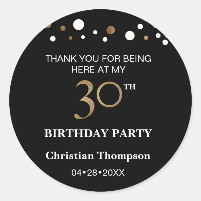 Gold and black theme, 30th birthday round sticker (Front)