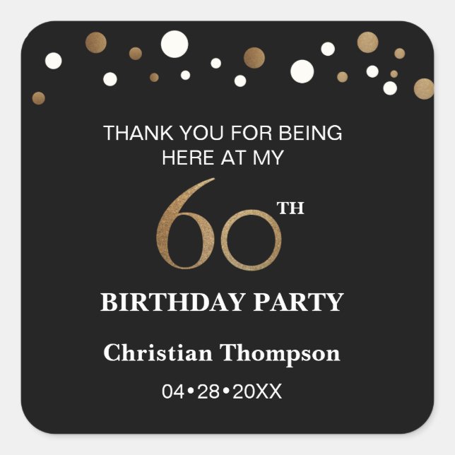 Gold and black theme, 60th birthday square sticker (Front)