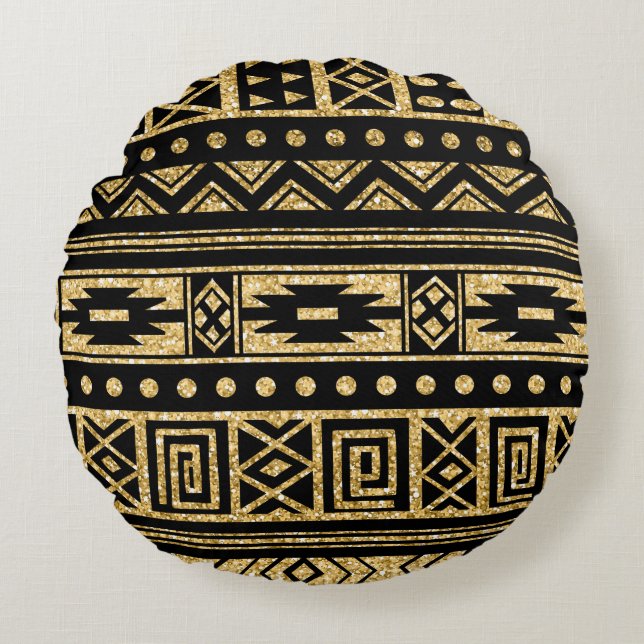 Gold And Black Tribal Geometric Pattern Round Cushion (Front)