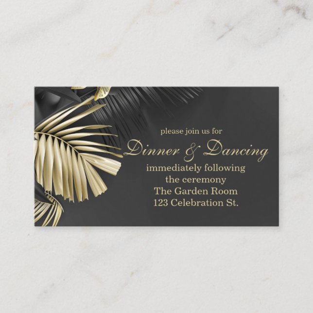 Gold and Black Tropical Leaves Reception Enclosure Card (Front)