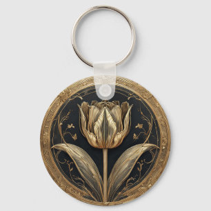 Gold and Black Tulip Design Key Ring