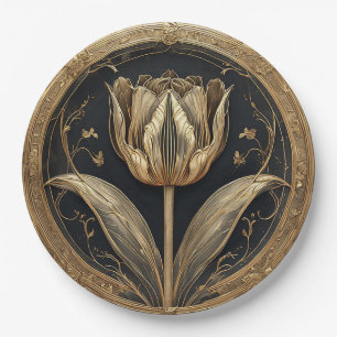 Gold and Black Tulip Design Paper Plate