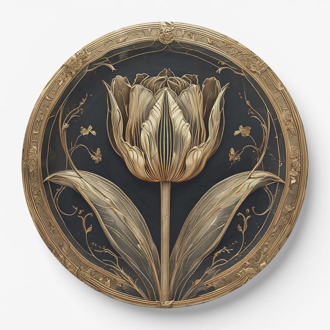 Gold and Black Tulip Design Paper Plate (Front)
