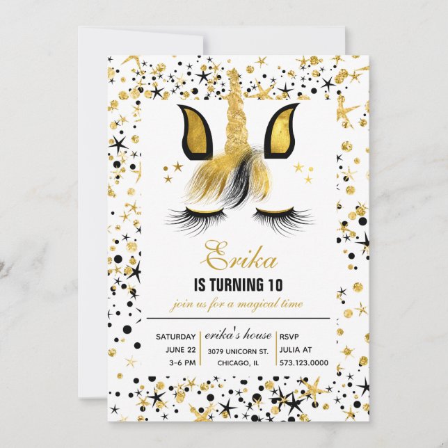 Gold and Black Unicorn Birthday Party Invitation (Front)