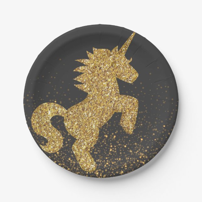 Gold and Black Unicorn Paper Plates (Front)