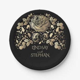 Gold and Black Vintage Floral Wedding Paper Plate